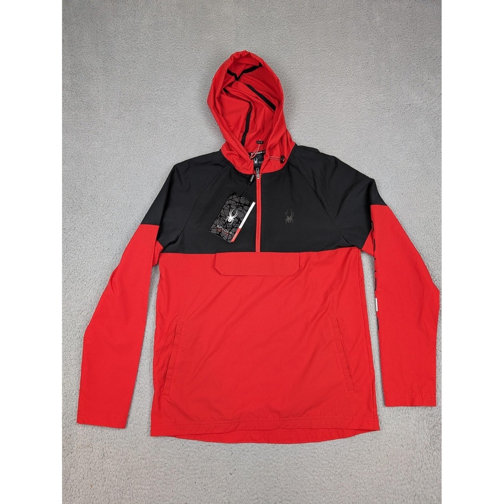 Spyder Windbreaker Jacket Mens Small‎ Red Black Hooded 1/2 Zip Pullover Anorak